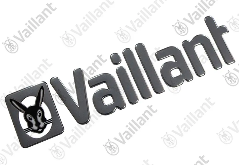 Vaillant Firmenschild in 3D mit einem Hasen-Logo in einem rechteckigen Rahmen. Die Buchstaben sind glänzend und leicht erhaben gestaltet.
